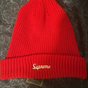 Supreme Bright Red Ribbed Cuff Beanie with White Logo
